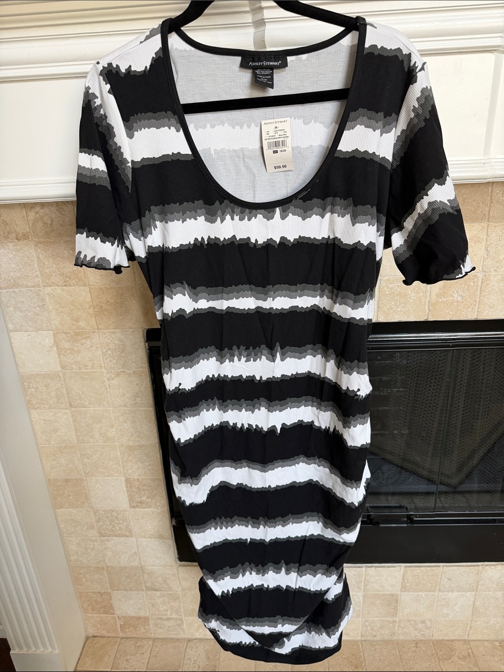 Ashley Stuart Side Ruched Black & White Striped Scoop Neck Midi Dress Sz 18/20